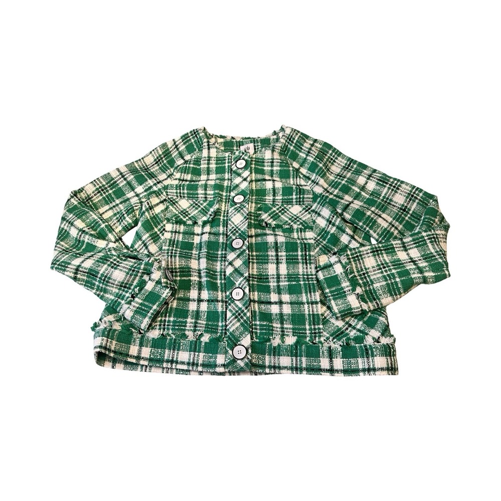 Cabi Picnic Jacket 5653 Green White Plaid Tweed Frayed Hem Floral Lined Mens M‎